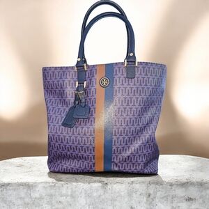 Tory Burch T-Monogram Tote Blue & Tan Stripe Large Shopper